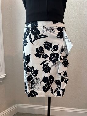 White House Black Market Black & White Floral Midi Skirt with Ruffle